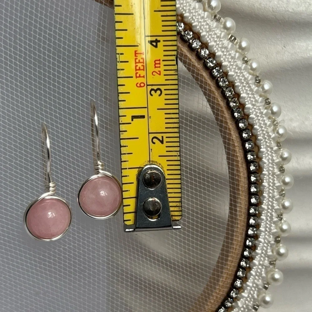 Rose Quartz Wire Wrapped Minimalist Earrings in Pink & Silver - Picture 7 of 13